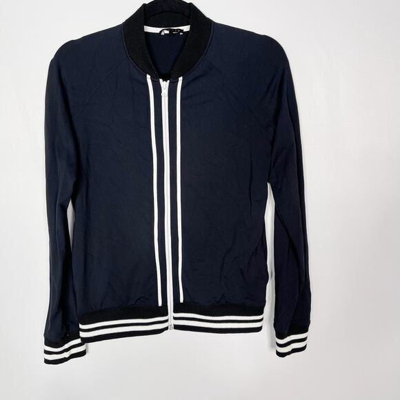 Theory Womens Small S Black Knit Bomber Jacket Full Zip Ribbed Stripe Detail - Picture 1 of 7